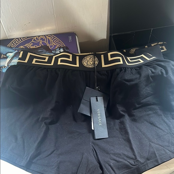 Versace Black Athletic Shorts with Greek Key Waistband